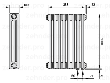Схема (чертеж) Радиатор Zehnder Charleston 3100/8 №5510 Белый глянцевый RAL 9016